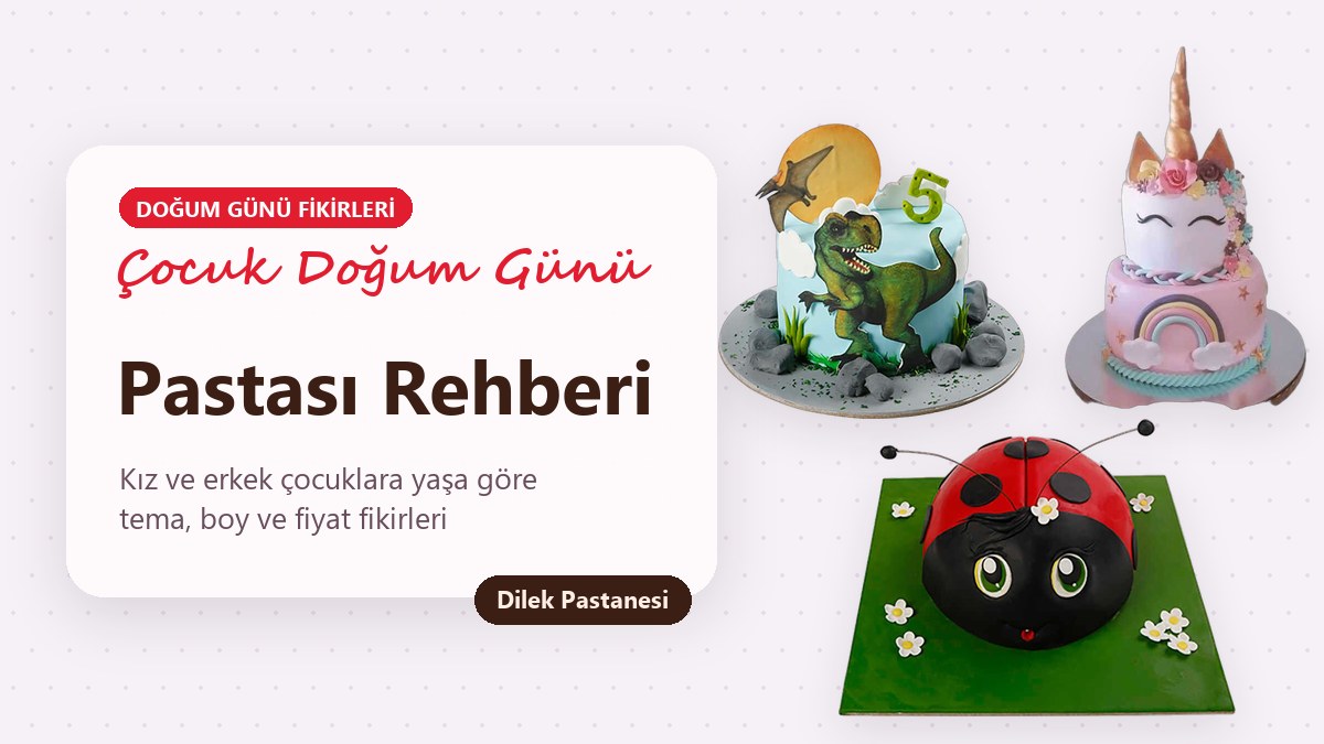 Çocuk doğum günü pastası: pastel iki katlı unicorn pastası, T-Rex dinozor pastası ve uğur böceği pastası