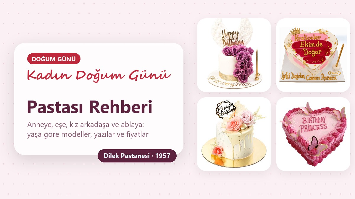 Kadın doğum günü pastaları: mor güllü melek kanatlı pasta, taçlı pembe kalp yazılı pasta, pembe güllü altın drip pasta ve Birthday Princess yazılı kalp pasta