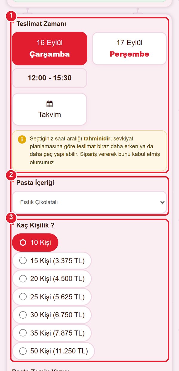 Özel Resimli Pasta Oluştur sayfası: teslimat günü ve saati, pasta içeriği ve kaç kişilik alanları işaretli