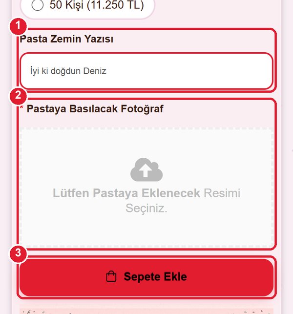 Pasta zemin yazısı, fotoğraf yükleme alanı ve Sepete Ekle butonu işaretli