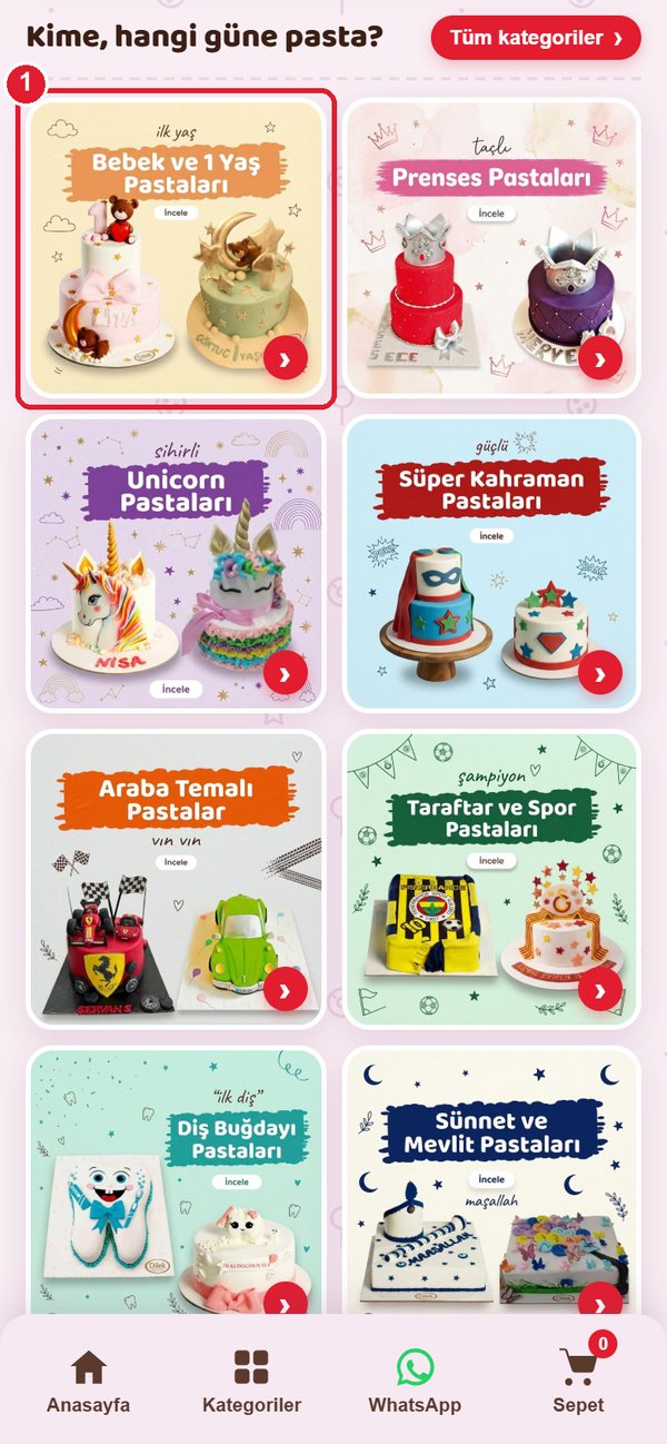 Kategori sayfası: alt kategori kutucuğu ve ürün kartı işaretli