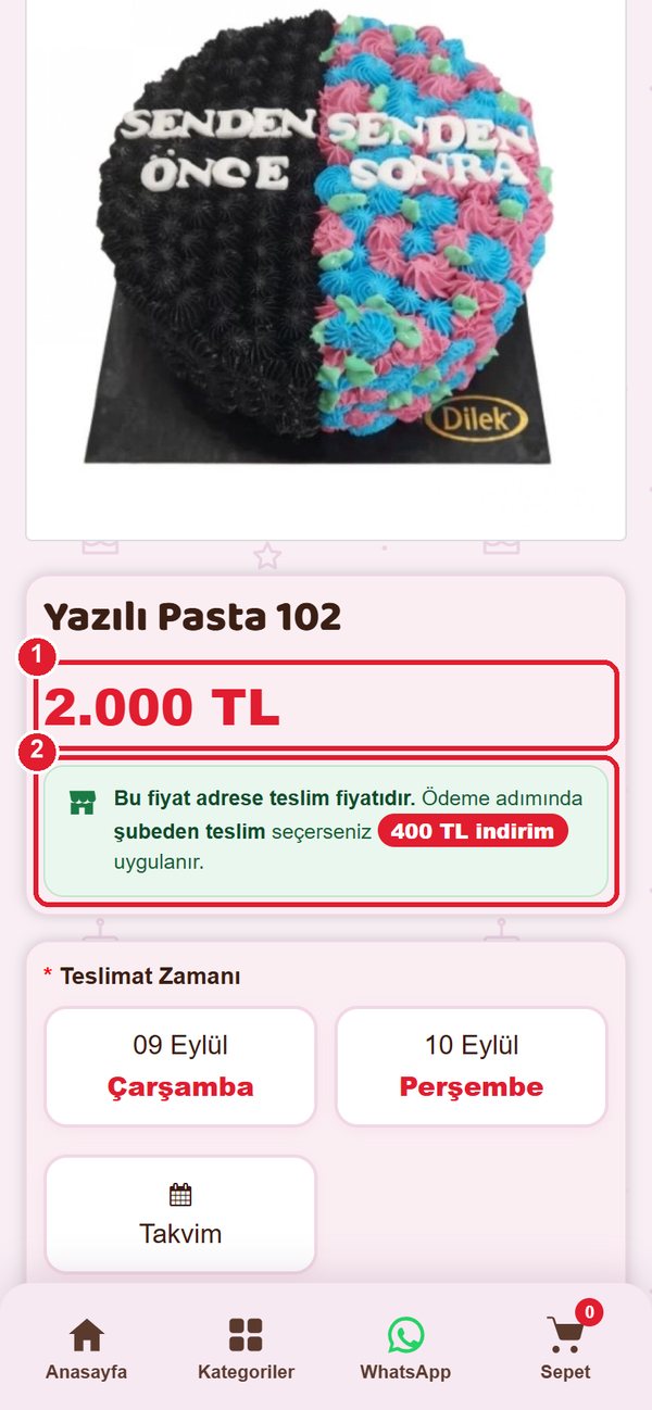 Ürün sayfası: fiyat ve şubeden teslim indirim notu işaretli