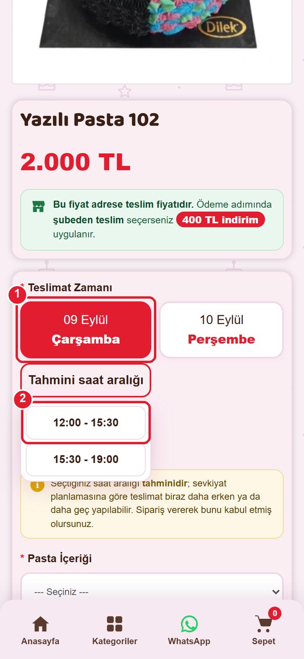Teslimat günü seçilince açılan saat aralığı listesi, gün ve saat işaretli