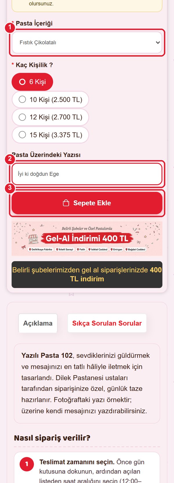 Pasta içeriği, kişi sayısı, pasta yazısı ve sepete ekle butonu işaretli