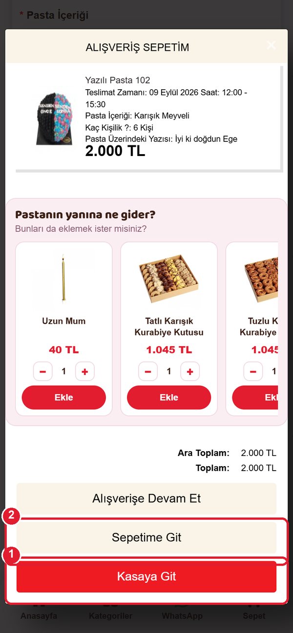 Sepete ekle penceresi: Kasaya Git ve Sepetime Git butonları işaretli