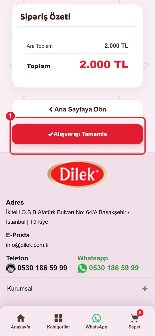 Sepet sayfası: Alışverişi Tamamla butonu işaretli