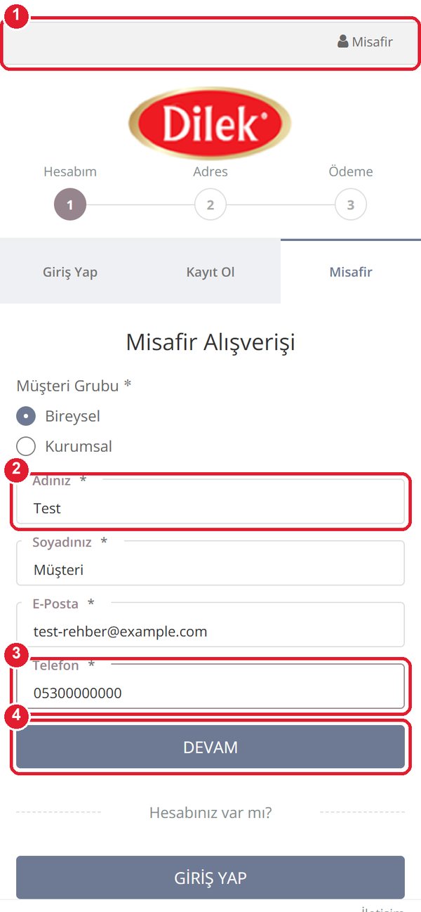 Misafir alışverişi formu: sekme, ad, telefon ve Devam butonu işaretli