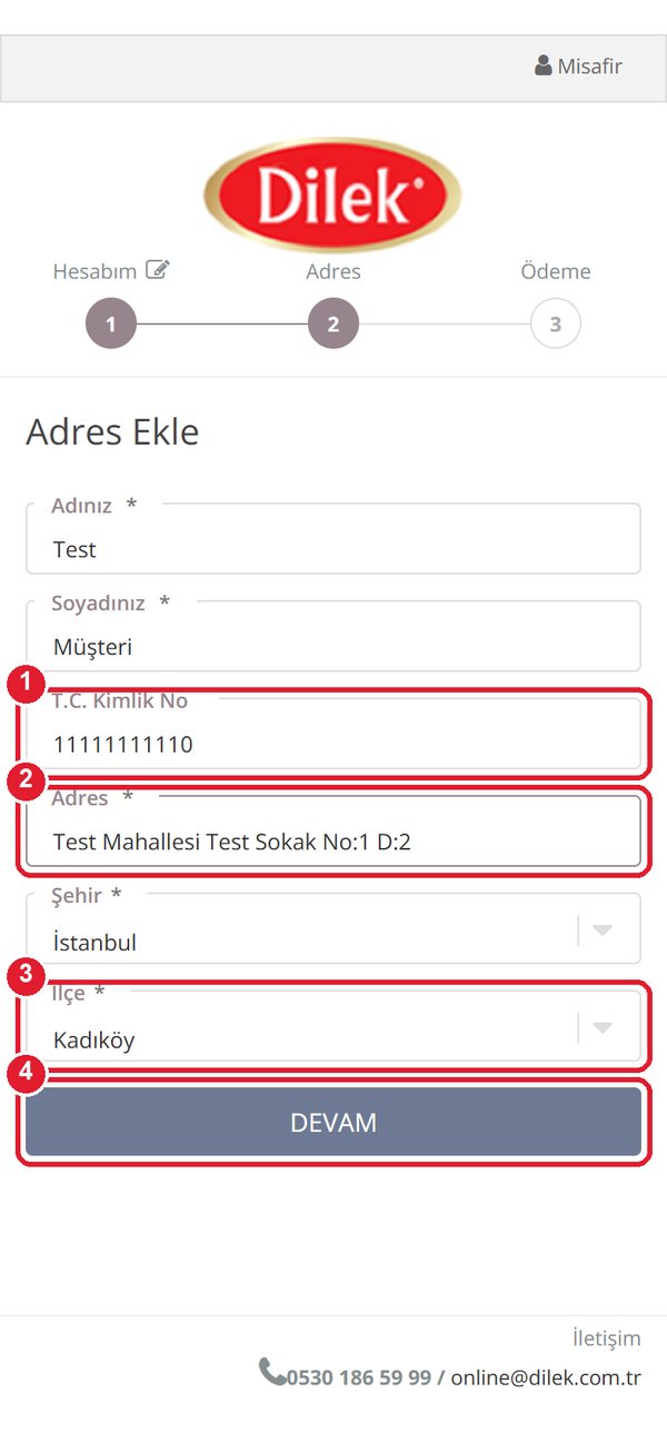 Adres formu: TC kimlik no, adres, ilçe ve Devam butonu işaretli