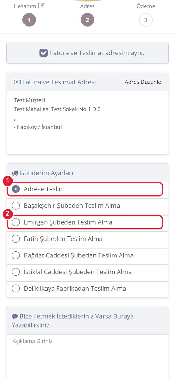Gönderim ayarları: Adrese Teslim ve Emirgan şube seçenekleri işaretli