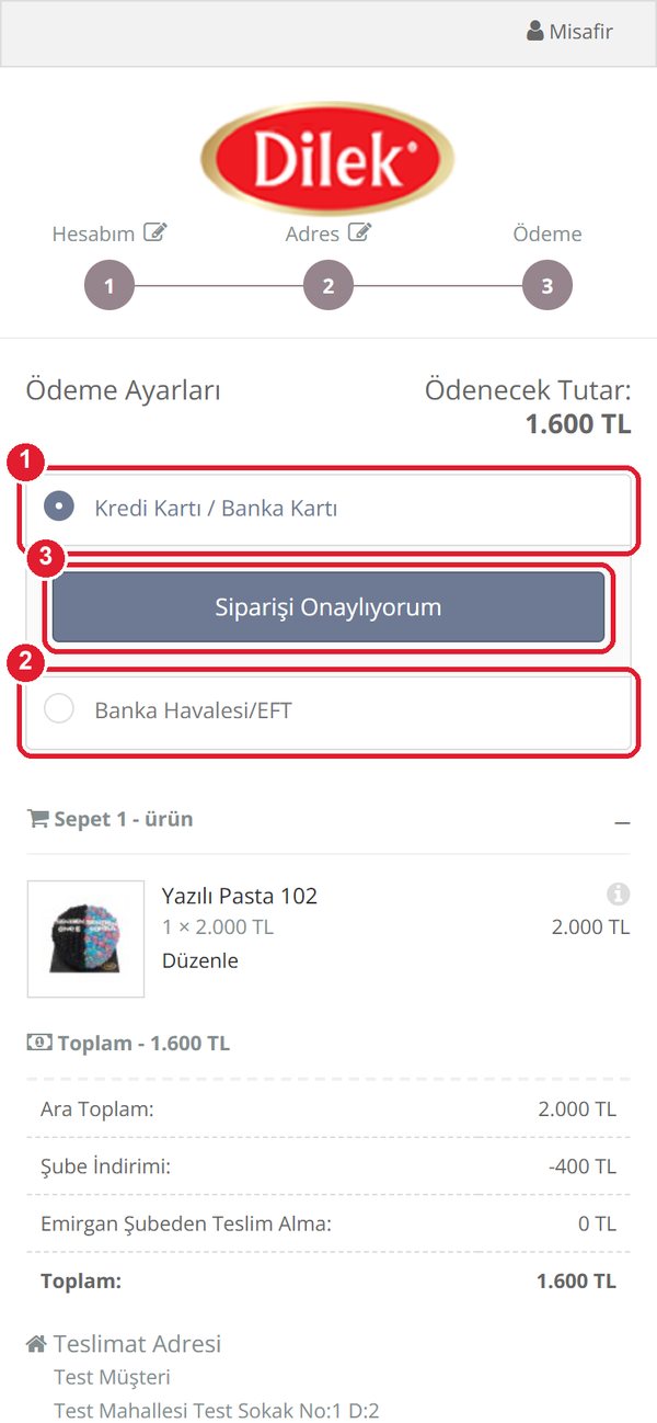 Ödeme yöntemleri: kredi kartı, havale/EFT ve Siparişi Onaylıyorum butonu işaretli