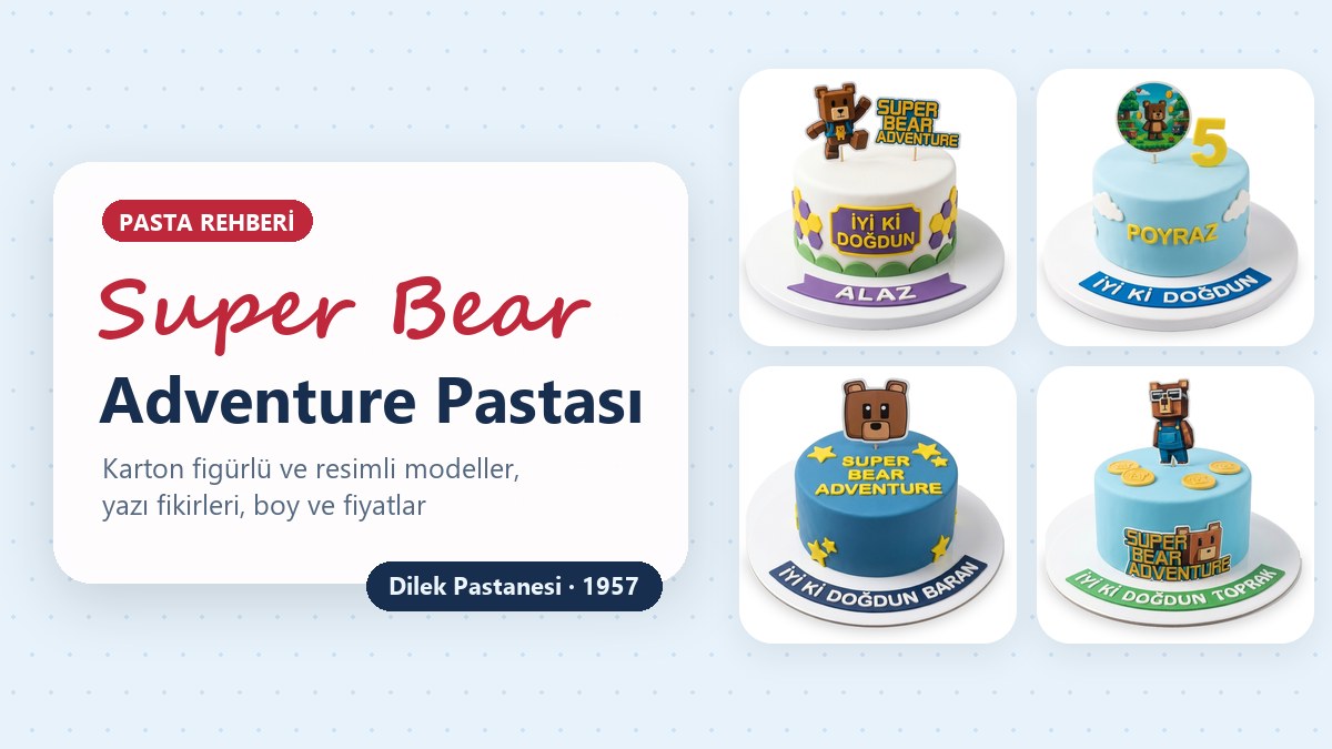 Super Bear Adventure temalı çocuk doğum günü pastaları: petek desenli beyaz, bulutlu açık mavi, yazılı mavi ve logolu altın paralı modeller