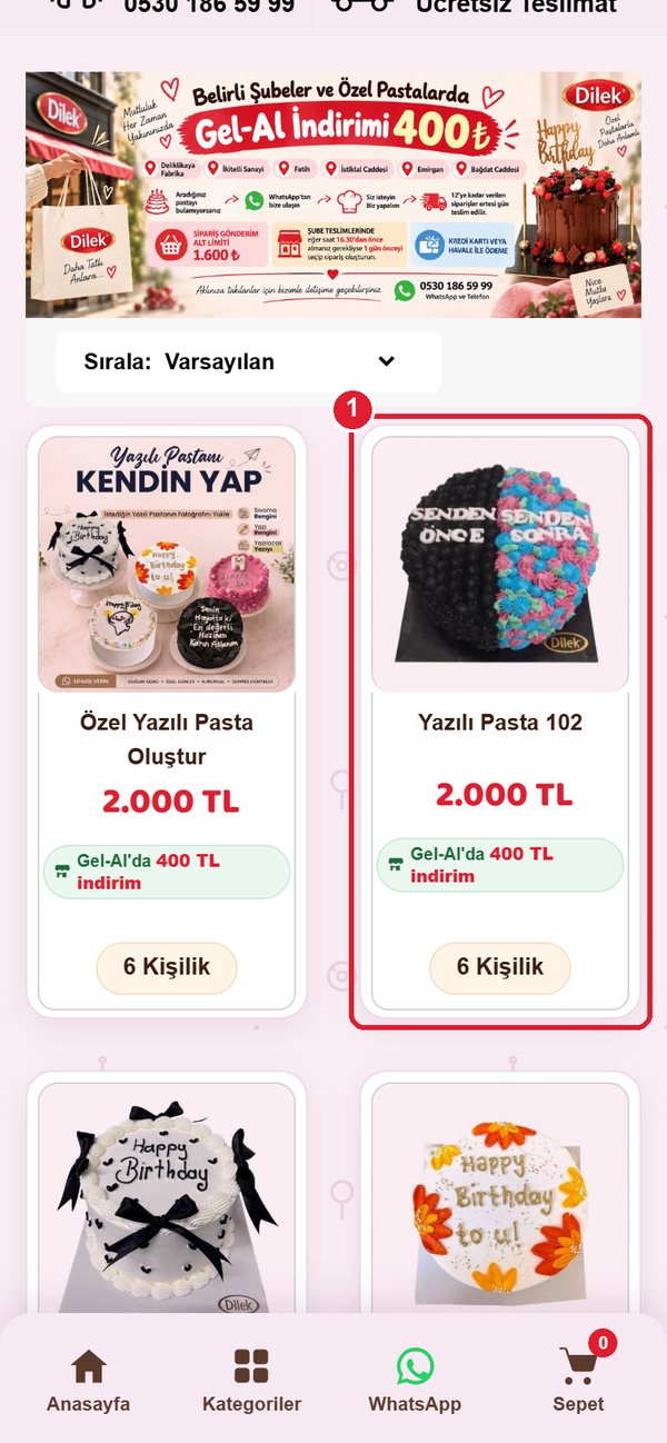 Yazılı pastalar kategori sayfası, hazır model kartı işaretli