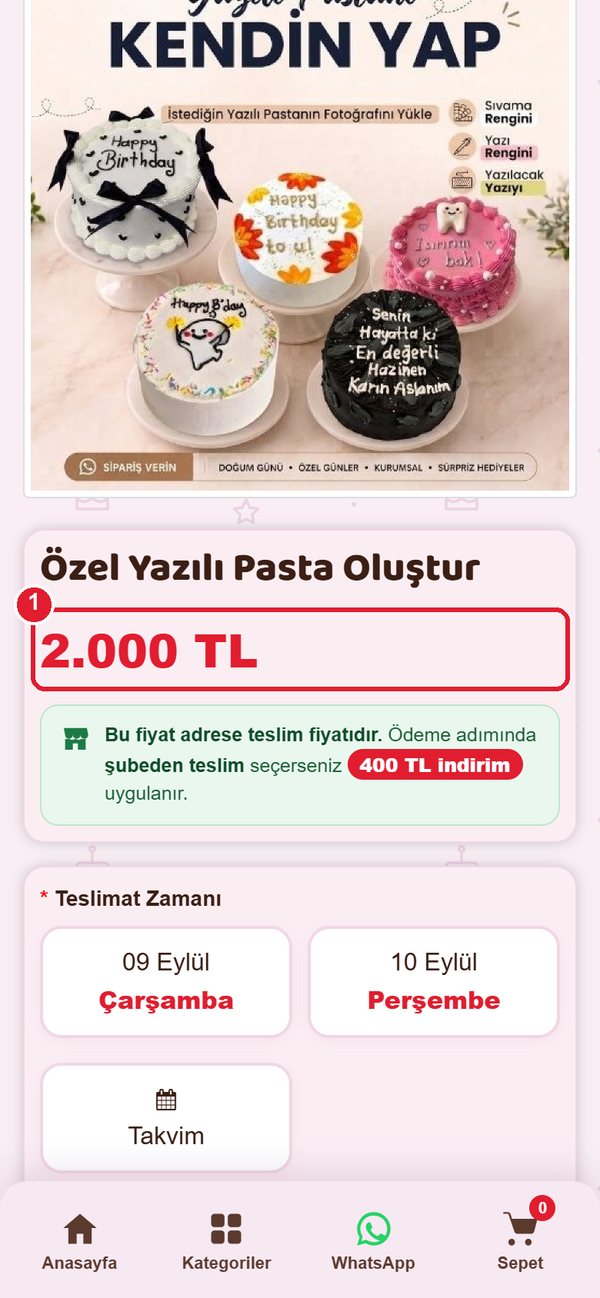 Özel Yazılı Pasta Oluştur ürün sayfası, fiyat işaretli