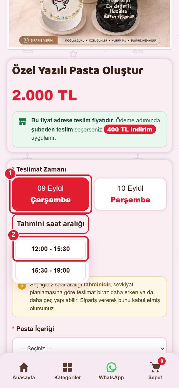 Teslimat günü ve saat aralığı seçimi işaretli
