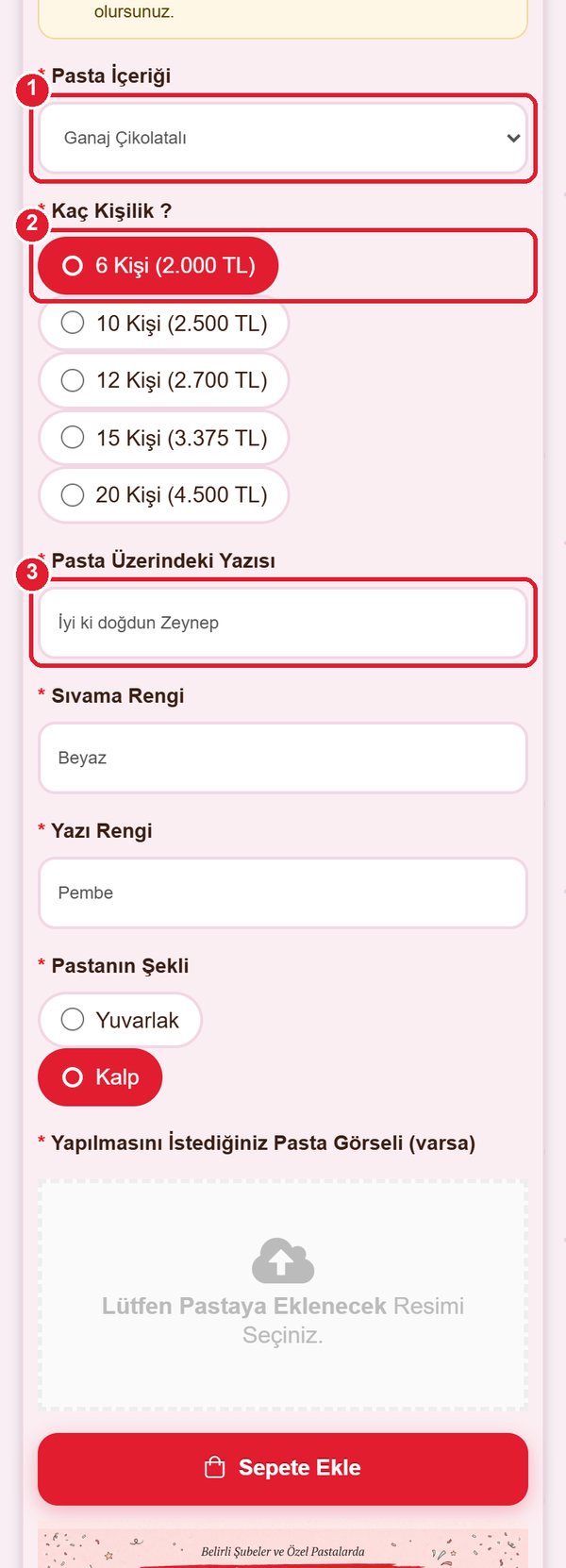 Pasta içeriği, kişi sayısı ve pasta yazısı alanları işaretli