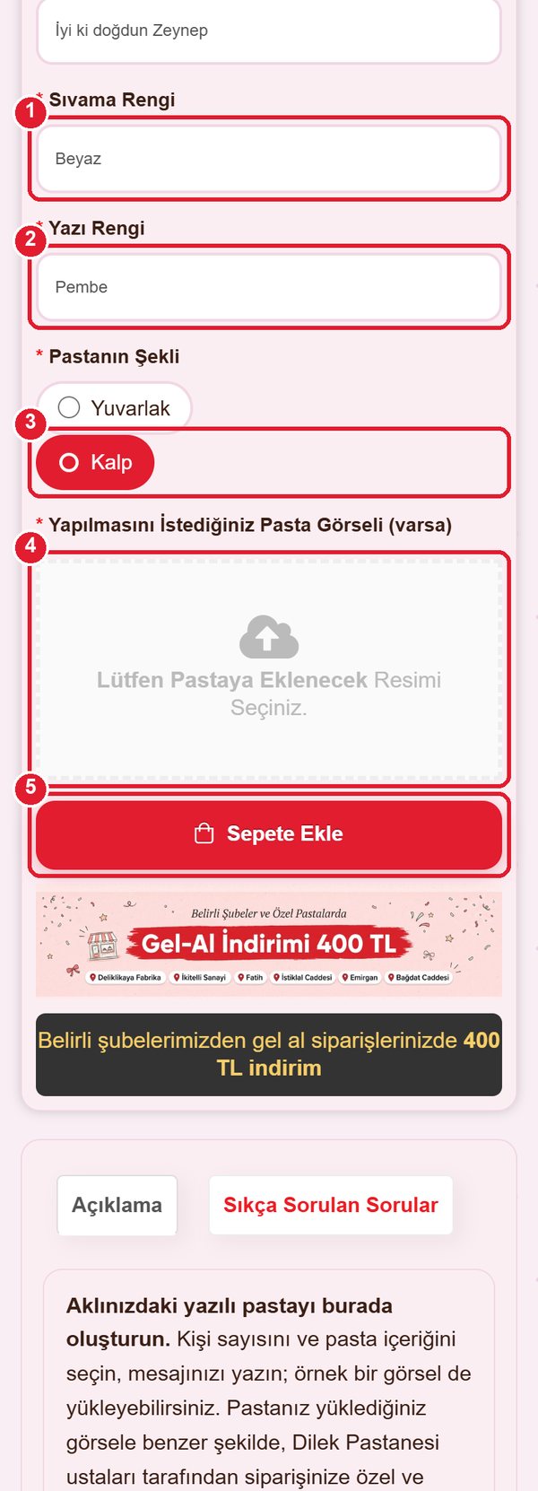 Sıvama rengi, yazı rengi, pasta şekli, örnek görsel alanı ve Sepete Ekle butonu işaretli
