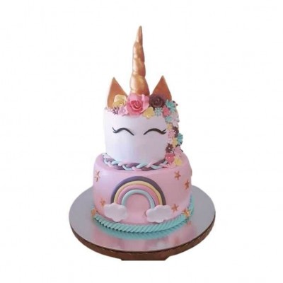 Unicorn Temalı İki Katlı Gökkuşaklı Kız Çocuk Pastası