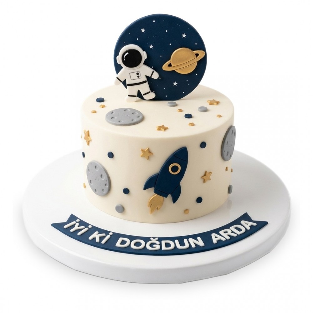 Astronot Lacivert Diskli Krem Erkek Çocuk Pastası