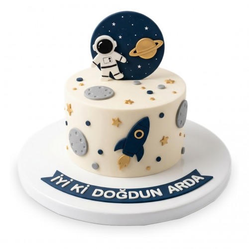 Astronot Lacivert Diskli Krem Erkek Çocuk Pastası