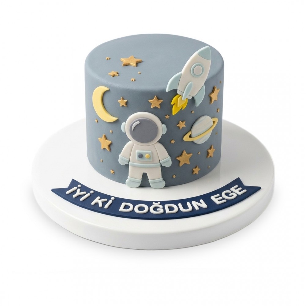 Astronot Roketli Gri Mavi Erkek Çocuk Pastası