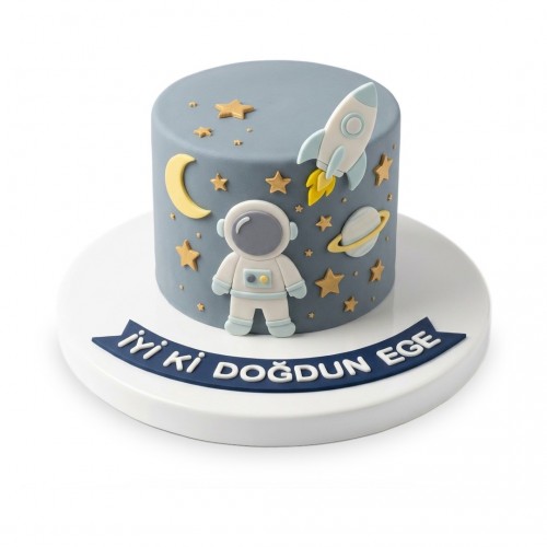 Astronot Roketli Gri Mavi Erkek Çocuk Pastası