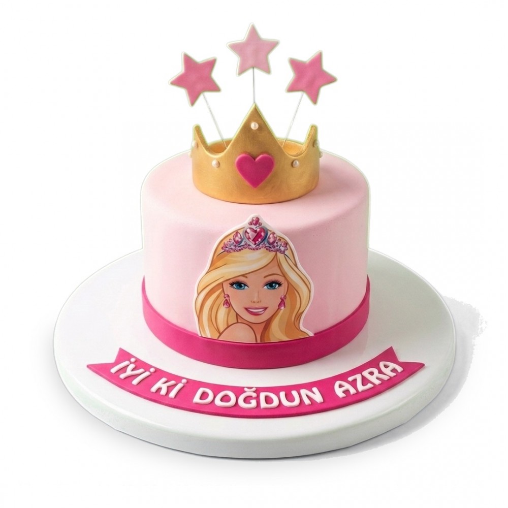 Barbie Baskılı Altın Taçlı Pembe Kız Çocuk Pastası