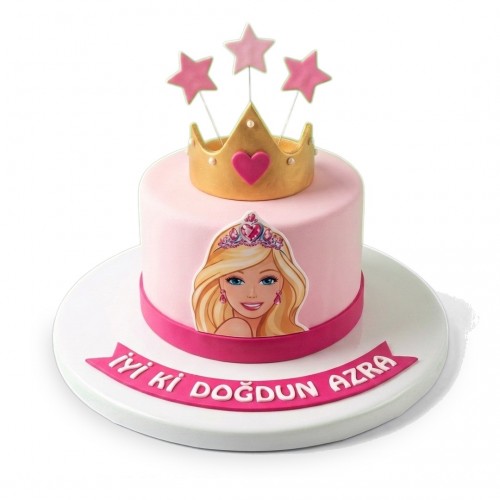 Barbie Baskılı Altın Taçlı Pembe Kız Çocuk Pastası