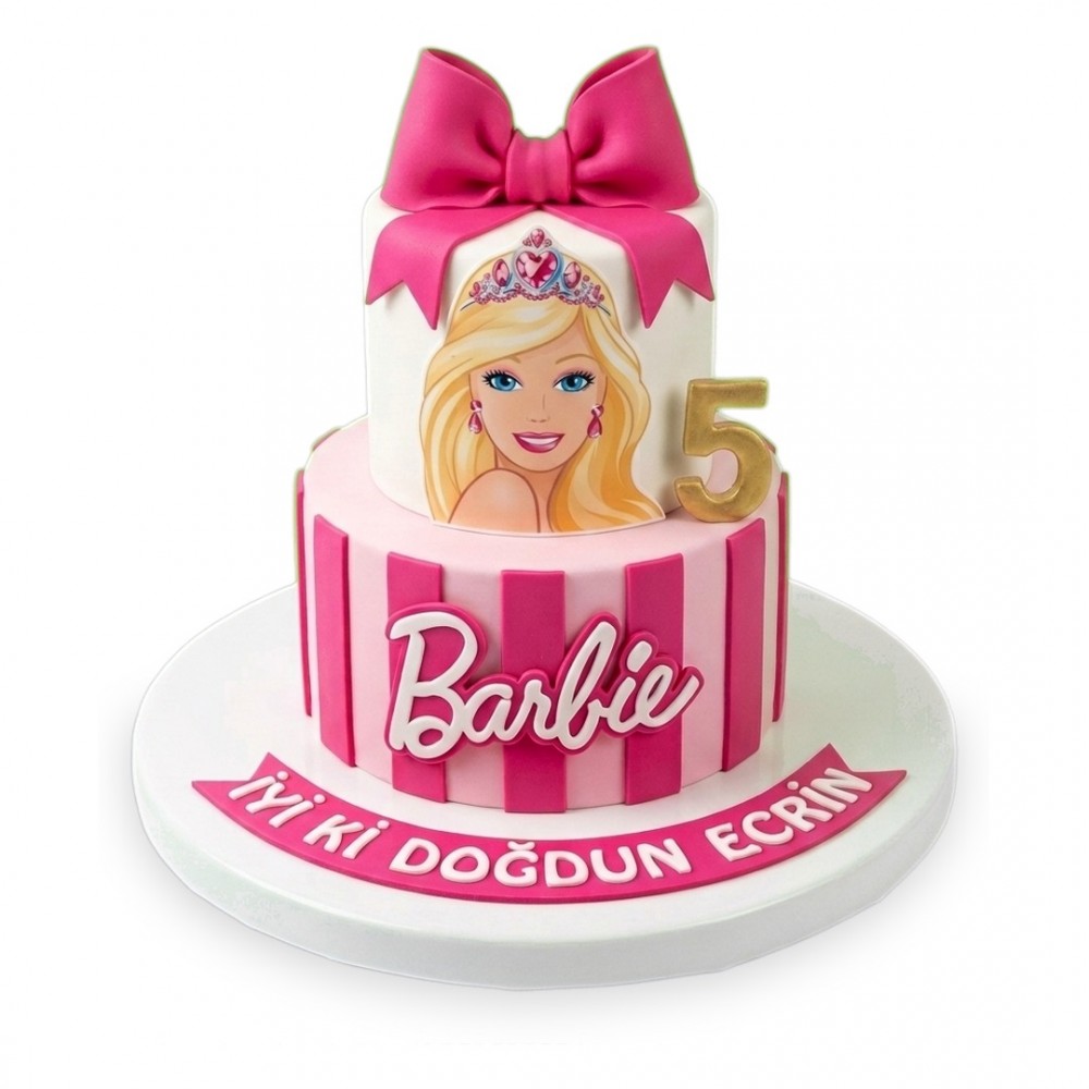 Barbie Baskılı Çizgili İki Katlı Kız Çocuk Pastası