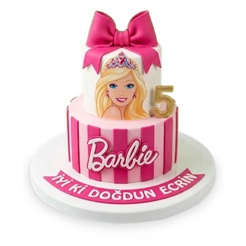Barbie Baskılı Çizgili İki Katlı Kız Çocuk Pastası