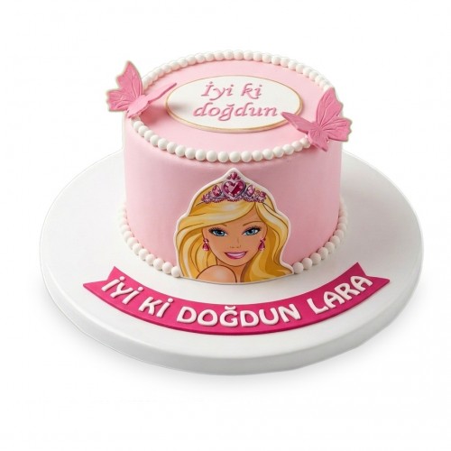 Barbie Baskılı Kelebekli Pembe Kız Çocuk Pastası