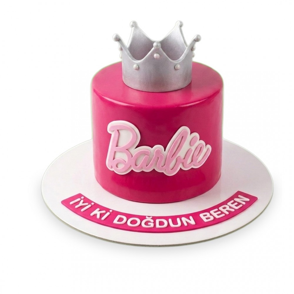 Barbie Gümüş Taçlı Fuşya Kız Çocuk Pastası
