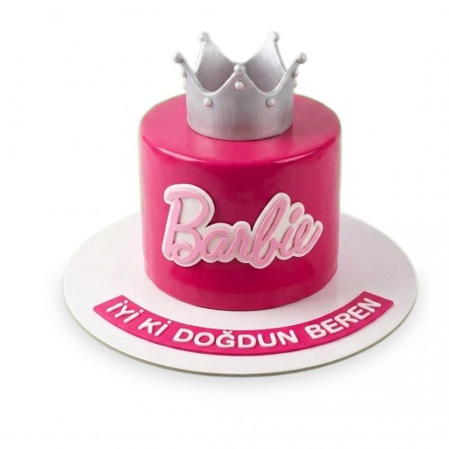 Barbie Gümüş Taçlı Fuşya Kız Çocuk Pastası