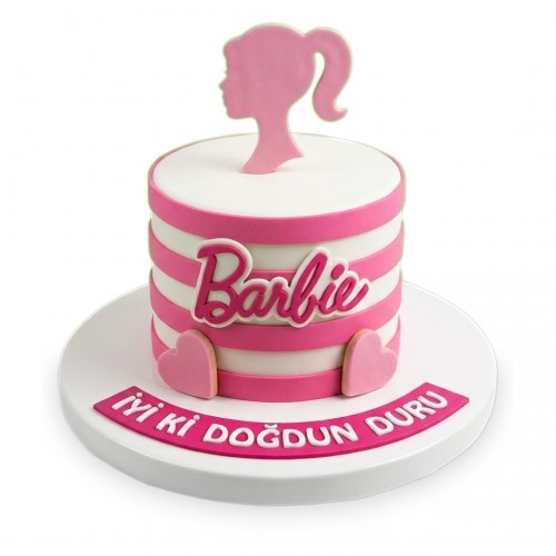 Barbie Pembe Beyaz Çizgili Kız Çocuk Pastası