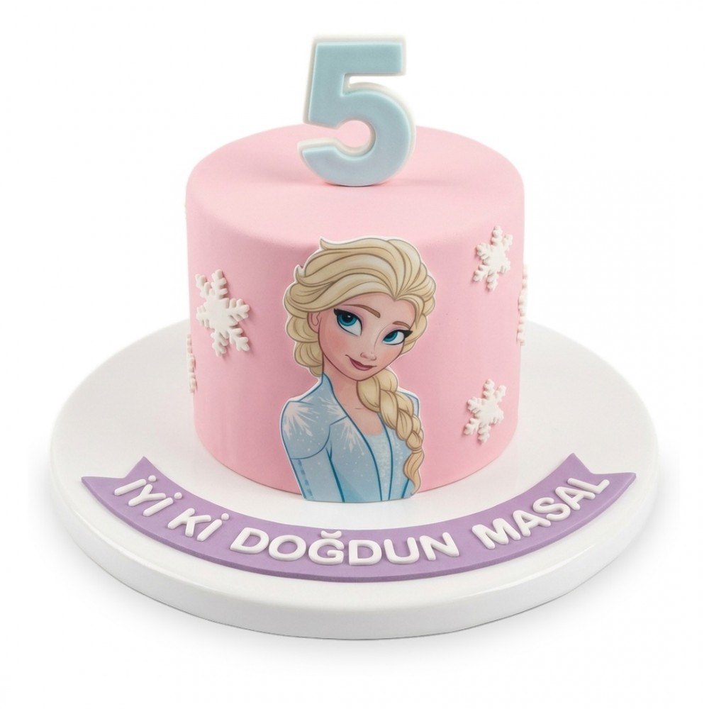 Elsa Baskılı Kar Taneli Pembe Kız Çocuk Pastası