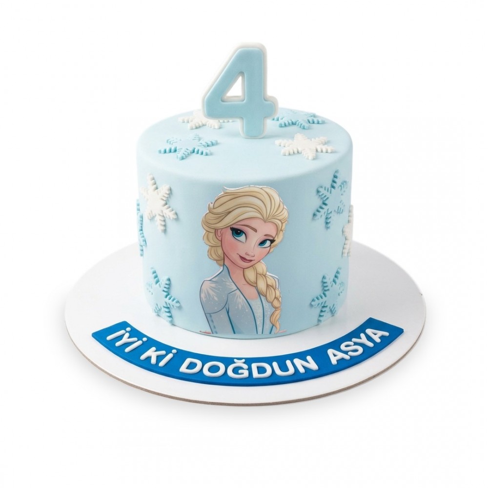 Elsa Temalı Kar Taneli Buz Mavisi Kız Çocuk Pastası