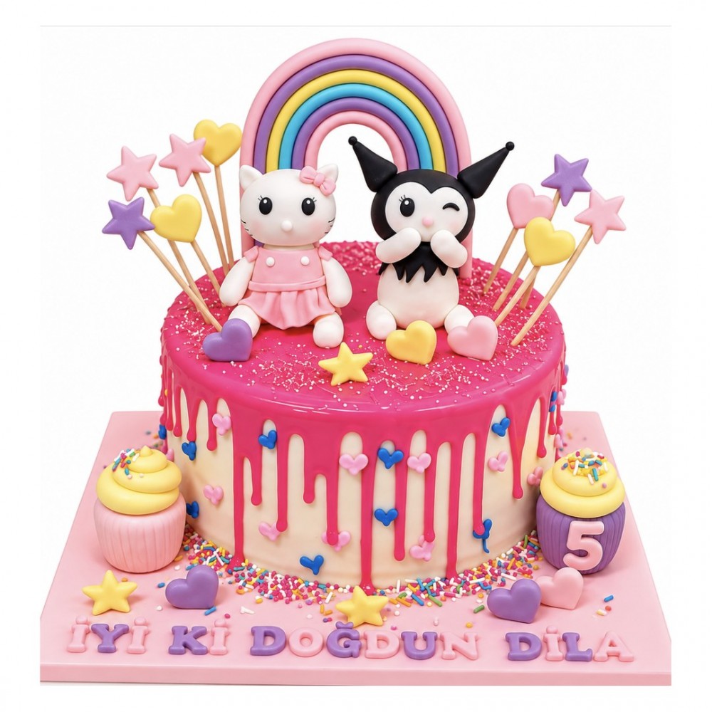 Hello Kitty ve Kuromi Gökkuşaklı Kız Çocuk Pastası