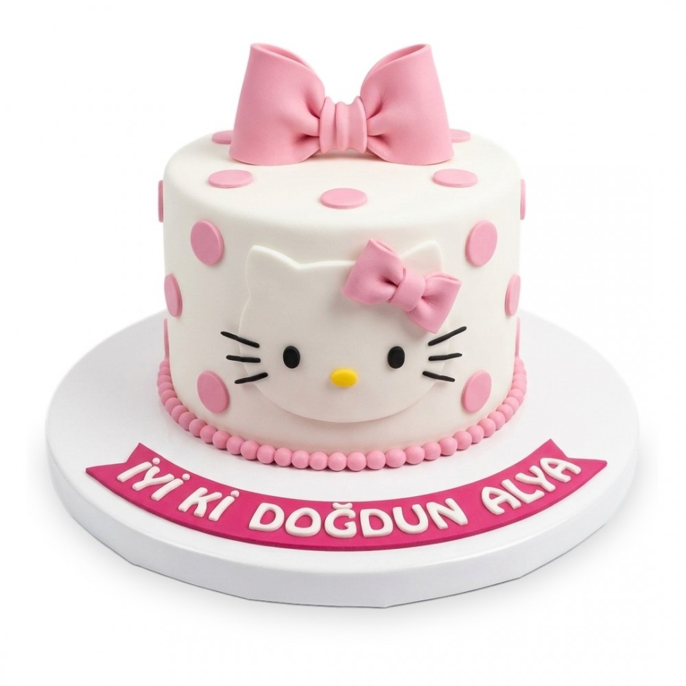 Hello Kitty Puantiyeli Fiyonklu Beyaz Kız Çocuk Pastası