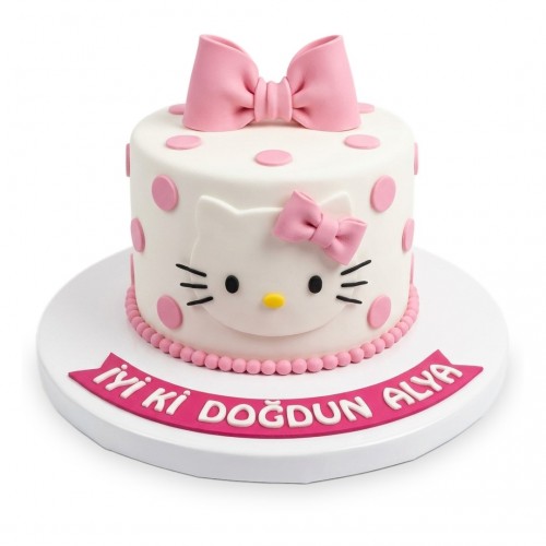 Hello Kitty Puantiyeli Fiyonklu Beyaz Kız Çocuk Pastası