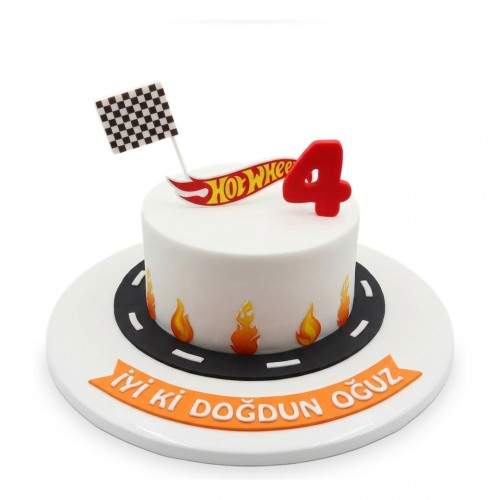 Hot Wheels Alevli Logo Plaketli Beyaz Erkek Çocuk Pastası