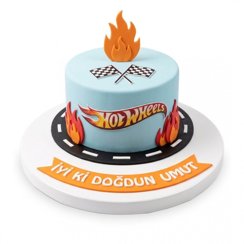 Hot Wheels Alevli Logolu Yol Bantlı Açık Mavi Erkek Çocuk Pastası