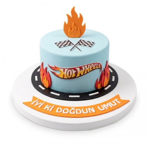 Hot Wheels Alevli Logolu Yol Bantlı Açık Mavi Erkek Çocuk Pastası