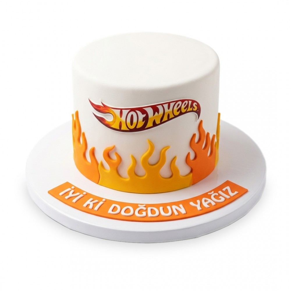 Hot Wheels Büyük Alevli Beyaz Erkek Çocuk Pastası