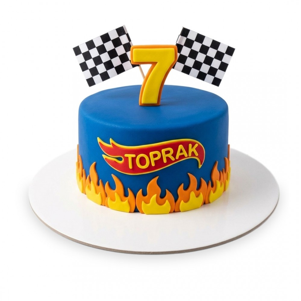 Hot Wheels Logo Biçiminde İsimli Mavi Erkek Çocuk Pastası