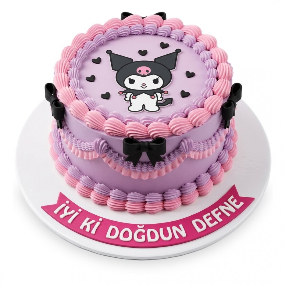 Kuromi Pembe Bordürlü Fiyonklu Lila Kız Çocuk Pastası