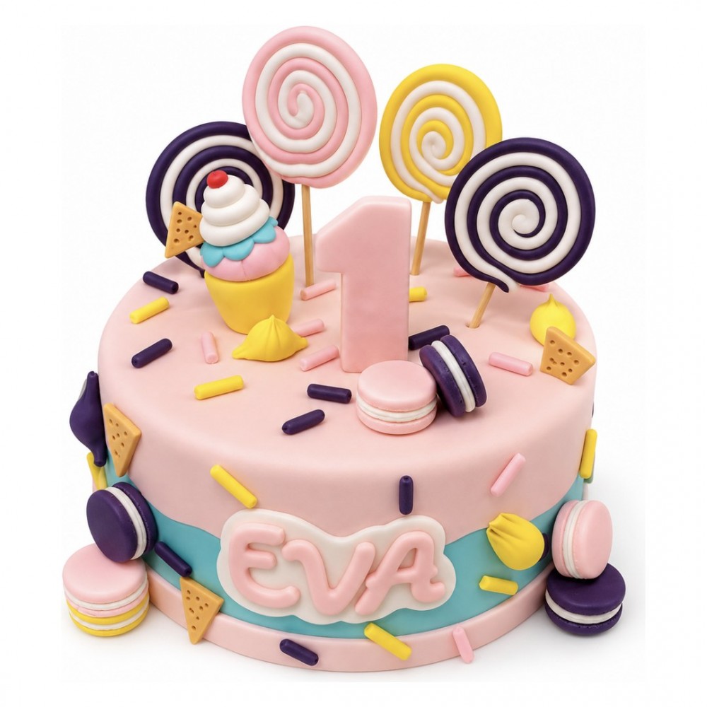 Lolipop ve Şekerli Pembe 1 Yaş Kız Çocuk Pastası