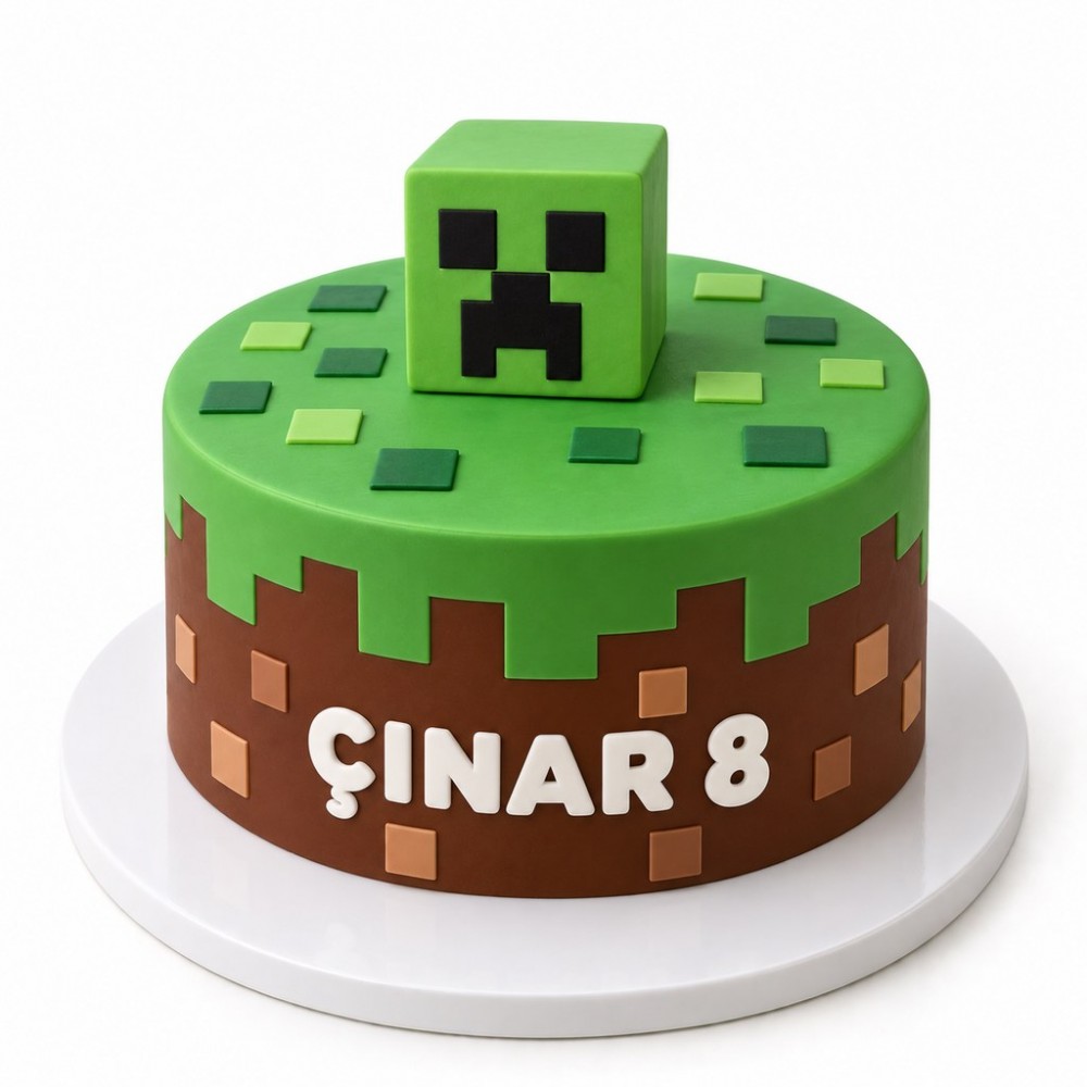 Minecraft Temalı Çim Bloklu Çocuk Doğum Günü Pastası