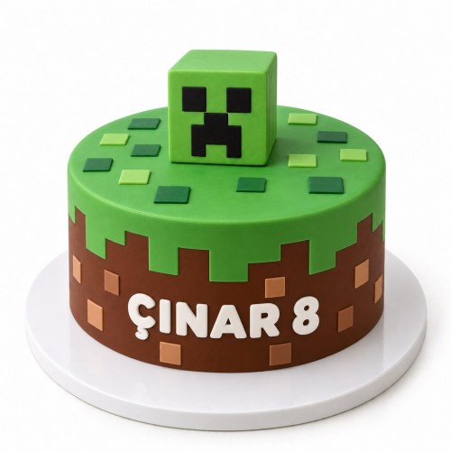 Minecraft Temalı Çim Bloklu Çocuk Doğum Günü Pastası