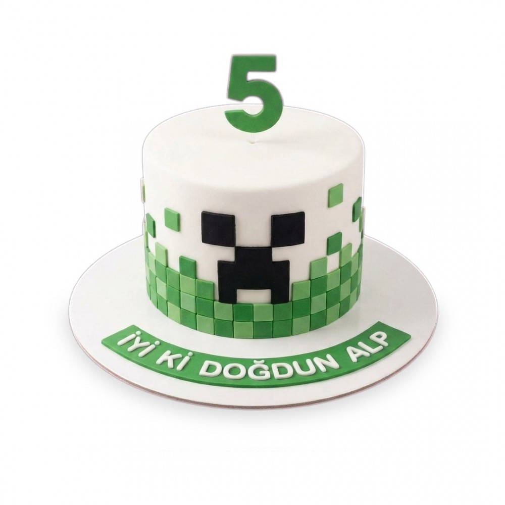 Minecraft Piksel Creeper Yüzlü Beyaz Çocuk Pastası