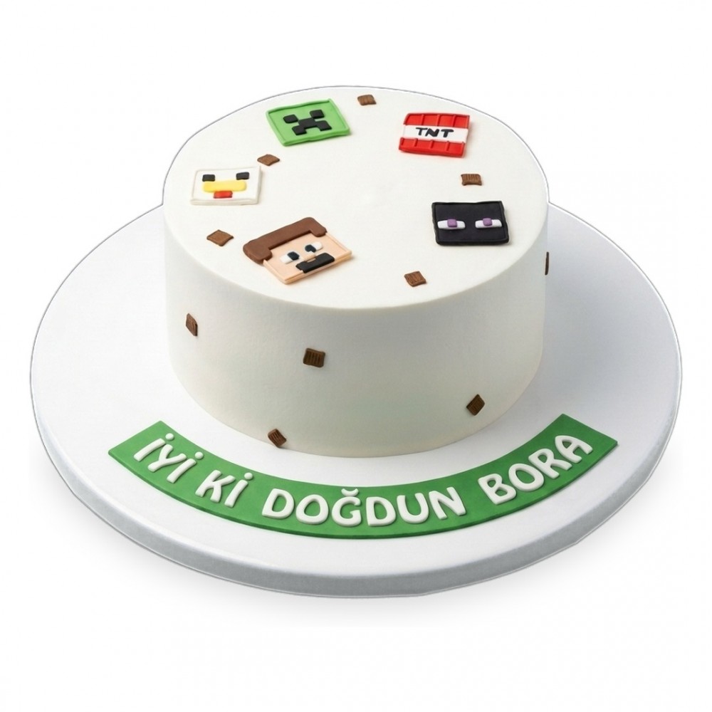 Minecraft Piksel İkonlu Beyaz Çocuk Pastası