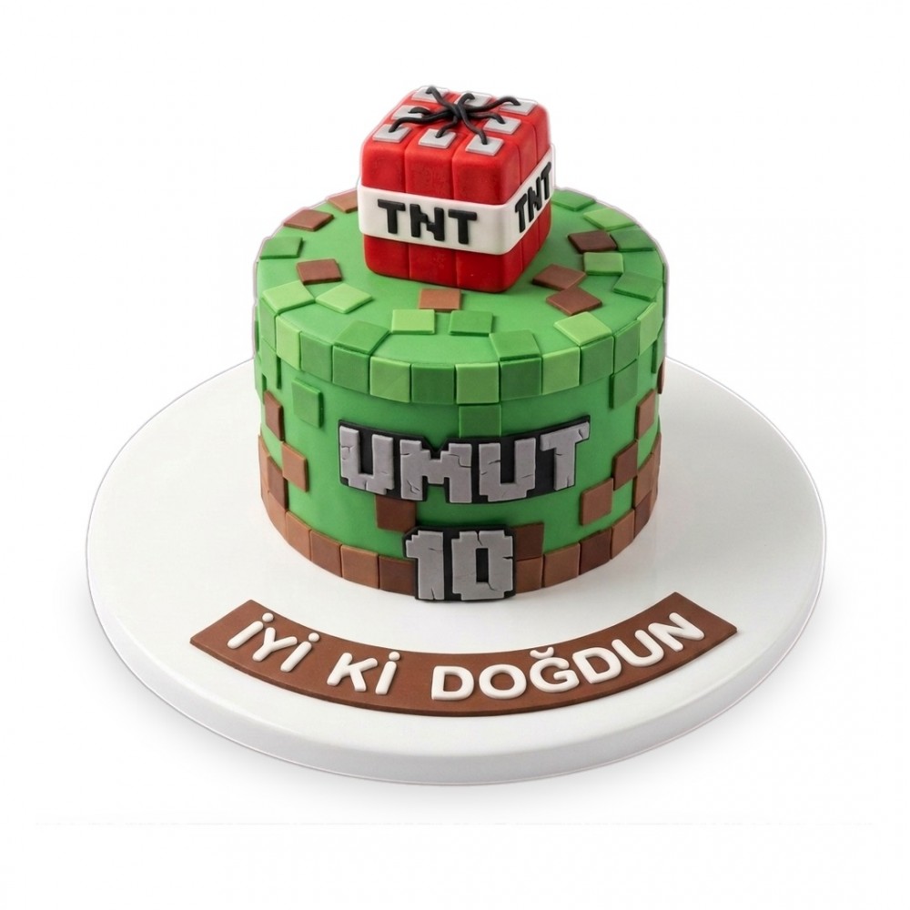 Minecraft Taş Harfli İsimli Yeşil Piksel Çocuk Pastası